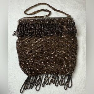 Woodland Fairy VTG Flapper Era Wrist Purse Chocolate Brown Glass Beads Fringe